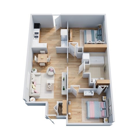 Floor plan for 2 beds, 1 bath, 848 sqft